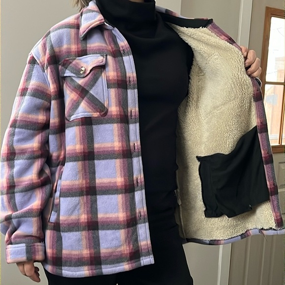 SAGE shacket women’s XXL purple checkered thick Sherpa-like lining - Picture 3 of 14